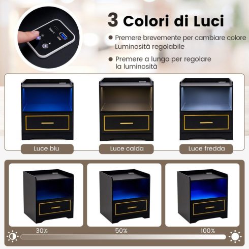 Éjjeli szekrény LED-világítással, USB-porttal és Type-C töltőállomással, mozgásérzékelővel ellátott éjjeliszekrény, fekete