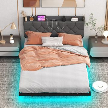   Lebegő ágykeret LED lámpákkal Modern platformágy állítható, kárpitozott fejtámlával 200*140*100cm szürke