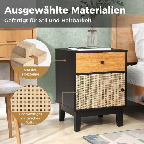 Boho Rattan éjjeliszekrény tömör fa lábakkal - fekete