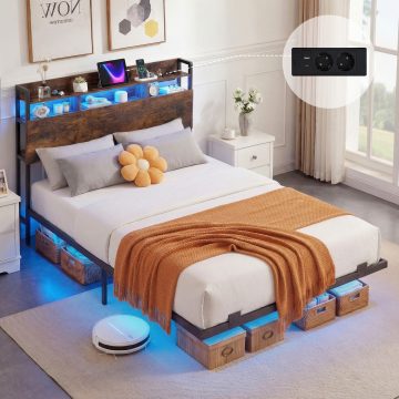   Lebegő dupla ágykeret LED világítással, ipari fém ágy erős tárolóval rugós alap nélkül, barna