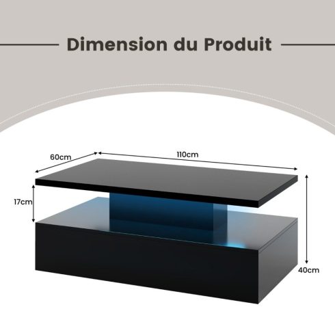 2 szintes dohányzóasztal 20 színű LED lámpával 110x60x40 cm Modern nappali asztal távirányítóval Fényes fekete