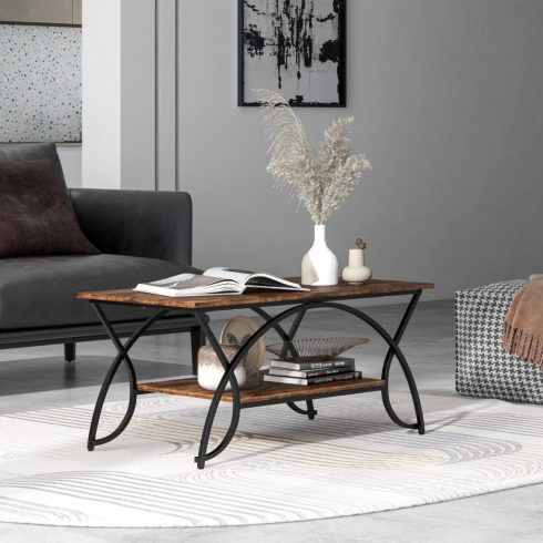 Dohányzóasztal polccal és fém kerettel, modern kanapéasztal, 100 x 50 x 45 cm, vintage barna