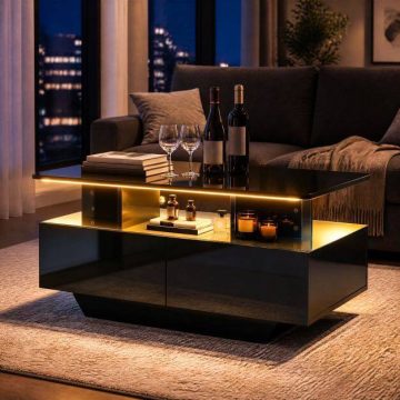   90 CM Magas LED Kávézóasztal 2 Tároló Fiókkal és 20 Színű LED Fénnyel - Fekete