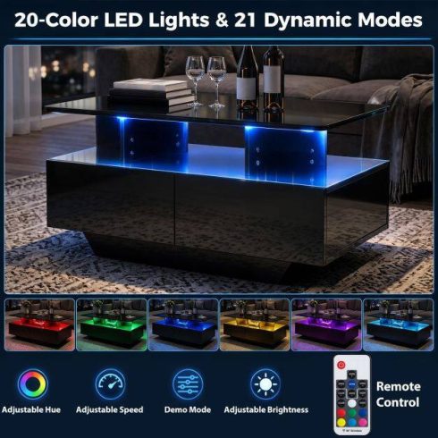 90 CM Magas LED Kávézóasztal 2 Tároló Fiókkal és 20 Színű LED Fénnyel - Fekete