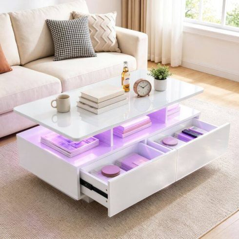 90 CM Magas LED Kávézóasztal 2 Tároló Fiókkal és 20 Színű LED Fénnyel - Fehér