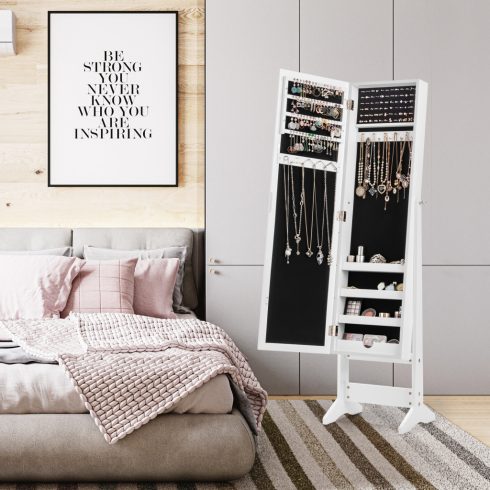 Új tükrös ékszerszekrény Armoire Mirror rendszerező tárolódoboz gyűrű fehér állvánnyal