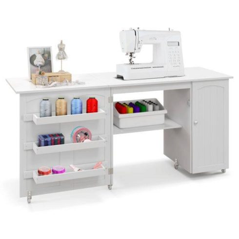 Összecsukható varróasztal varrószekrény sokoldalú kézműves asztal sokoldalú kézműves asztal 158 x 50 x 75 cm fehér