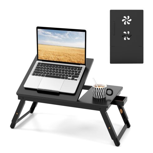 Állítható bambusz laptop íróasztal dönthető tetővel és fiókos barna színű