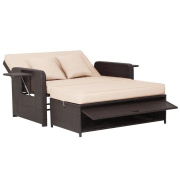   Patio Rattan nyugágy szett 4 szinten állítható háttámlával és visszahúzható oldaltálcával - barna