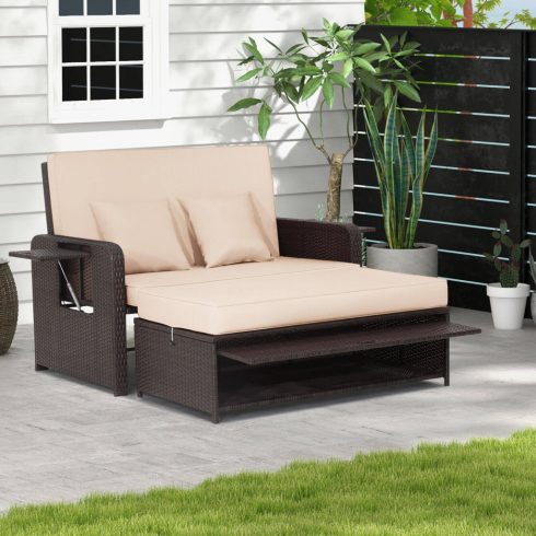 Patio Rattan nyugágy szett 4 szinten állítható háttámlával és visszahúzható oldaltálcával - barna