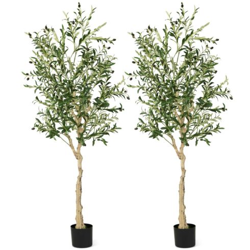 Set of 2 Artificial Olive Trees with Plastic Pot and 72 Fruits, Fake Olive Plants for Home Decorations