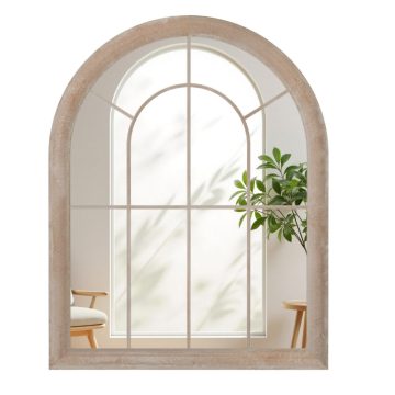  Farmhouse Window Mirror, Large Arched Wall Mirror with Metal Frame, Explosion-Proof Decorative Mirror, Indoor/Outdoor, 88 x 69.5 cm, Grey