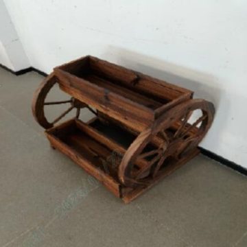   Rustic wooden cart flower box, 2-tier raised bed with 3 planting boxes with drainage holes, carbonized