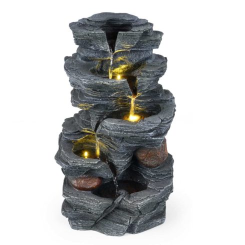 Kerti szökőkút LED világítással, 5 szintes gyanta szökőkút, 27 x 20,5 x 45,5 cm