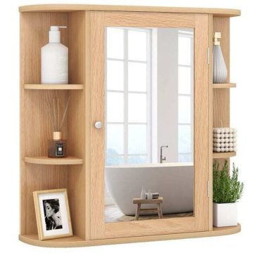   Falra szerelhető fürdőszoba szekrény 1 tükrös ajtóval és 4 polccal, 6 külső polccal MDF, 66x16,5x60cm, természetes színű