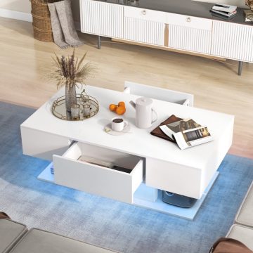   Dohányzóasztal LED világítással magasfényű 20 szín fényerő állítható 110 x 60 x 40 cm fehér