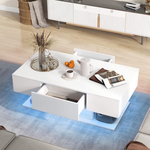 Dohányzóasztal LED világítással magasfényű 20 szín fényerő állítható 110 x 60 x 40 cm fehér