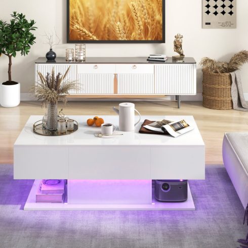Dohányzóasztal LED világítással magasfényű 20 szín fényerő állítható 110 x 60 x 40 cm fehér