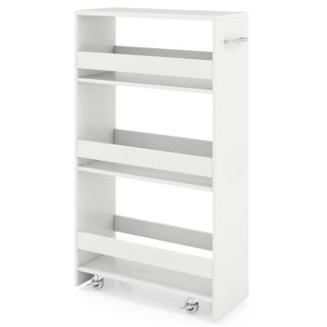   Vékony, 20 cm-es tárolókocsi töltőállomással, 4 szintes guruló konyhai kocsi fogantyúval és korláttal, fehér