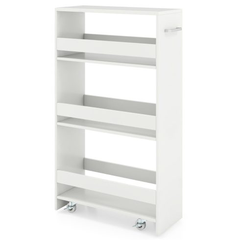 Vékony, 20 cm-es tárolókocsi töltőállomással, 4 szintes guruló konyhai kocsi fogantyúval és korláttal, fehér