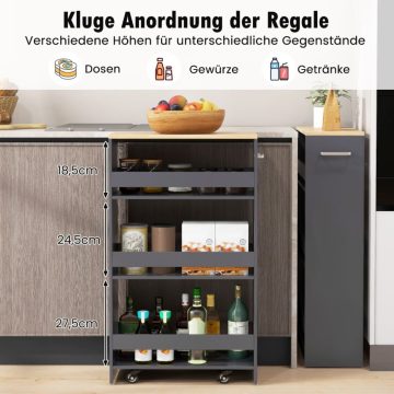   4 szintes kihúzható konyhai segédkocsi, 20 cm-es vékony kerekekkel és nyitott polcokkal, szürke