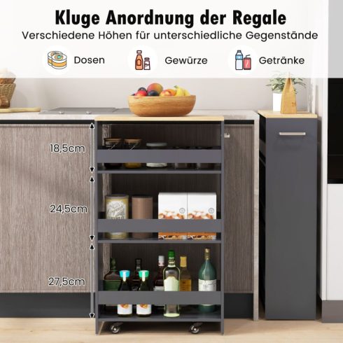 4 szintes kihúzható konyhai segédkocsi, 20 cm-es vékony kerekekkel és nyitott polcokkal, szürke