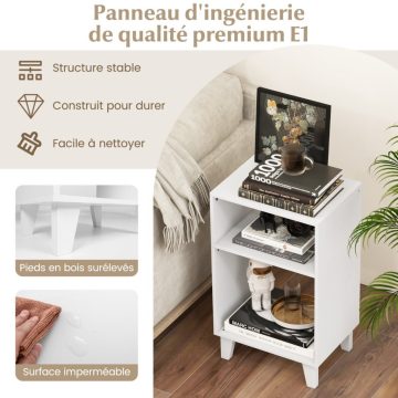   3 szintes oldalasztal éjjeliszekrény polcokkal és lábak 39,5 x 29,5 x 65 cm fehér