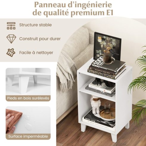 3 szintes oldalasztal éjjeliszekrény polcokkal és lábak 39,5 x 29,5 x 65 cm fehér