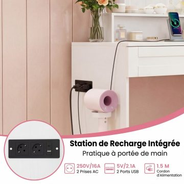   Tükrös öltözködőasztal világítással, sminkasztal elektromos aljzatokkal, üveg tetejű, 3 állítható fény színnel