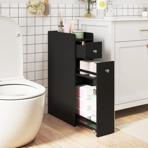 Kis fürdőszobai tárolószekrény 4 szintes keskeny WC oldalsó tárolószekrény kihúzható fiókokkal görgőn - fekete