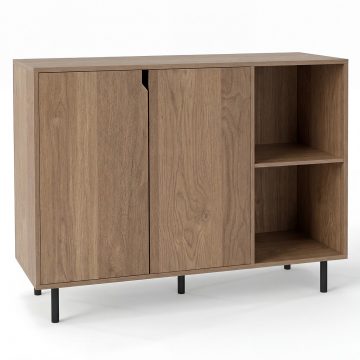   Modern fa konyhai tálaló 2 ajtóval és 2 nyitott rekesszel, Tálaló konzol asztal étkezőbe, állítható polcokkal, fém lábakkal, 106x38x80cm, Természetes