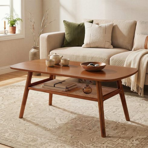 2 szintes Boho Rattan dohányzóasztal lekerekített sarkokkal – dió