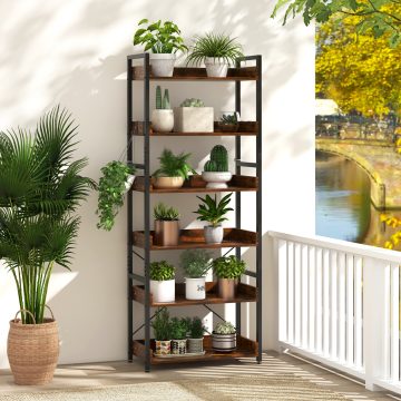   6-Tier Tall Industrial Bookcase with Open Shelves and 4 Hooks-Brown