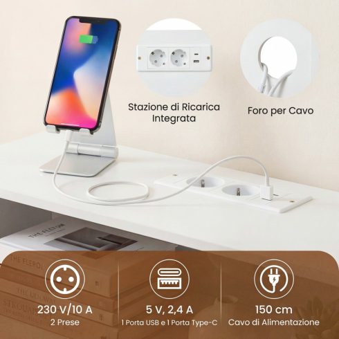 Konzolasztal LED-del és 3 szintes töltőállomással tárolóhellyel, előszoba nappali bejárati asztallal 100x20x86,5 cm fehér