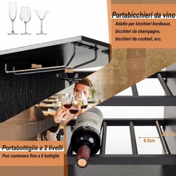   Bárasztal és szék készlet üvegtartókkal és 6 borosüveg tartóval, ipari kocsmaasztallal és székekkel, fekete