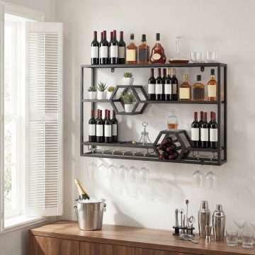   3 szintes fém falra szerelhető bortartó üvegtartóval 120 CM modern lebegő bárpolcok - fekete