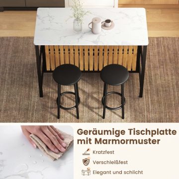   3 részes étkezőasztal-készlet Kitchen Island és 2 bárszék, fehér