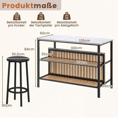 3 részes étkezőasztal-készlet Kitchen Island és 2 bárszék, fehér