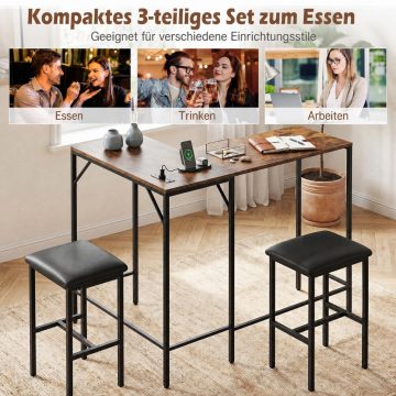   Bárasztal készlet 2 bárszékkel, állóasztal beépített konnektorral, bárpult fém kerettel, rusztikus barna