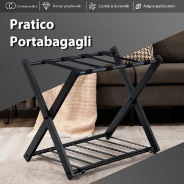 2 x Összecsukható bőröndtartó fém hálószoba, fekete