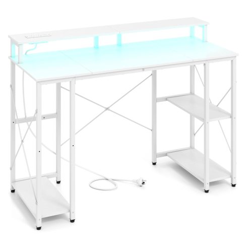 Számítógépasztal LED-es világítással, konnektorokkal és monitor állvánnyal, 120 x 50 x 87 cm, fehér