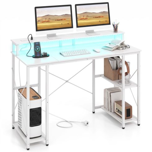Számítógépasztal LED-es világítással, konnektorokkal és monitor állvánnyal, 120 x 50 x 87 cm, fehér