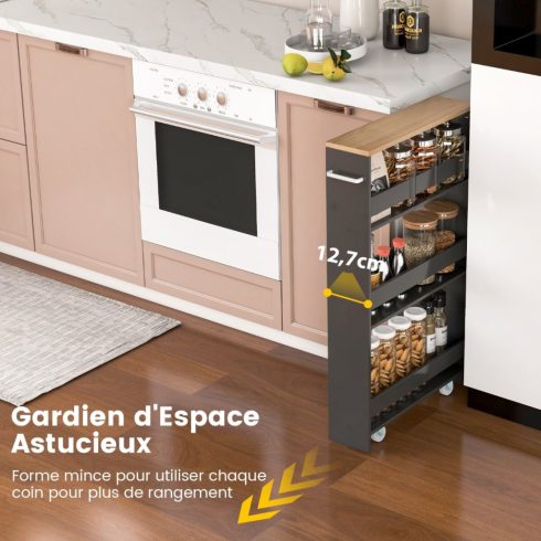 4 szintes niche polc kerekeken fából fogantyúval konyhai kocsi 48 x 13 x 81 cm szürke + natúr