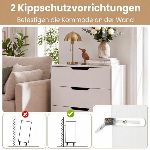 Modern, 3 fiókos komód fémlábakkal és borulásgátló fogantyúkkal – fehér