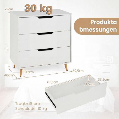 Modern, 3 fiókos komód fémlábakkal és borulásgátló fogantyúkkal – fehér