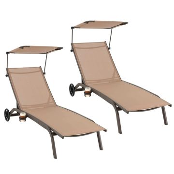   2 db teraszos nyugágy készlet, kerekes kültéri nyugágyak, fém strand nyugágyak, barna