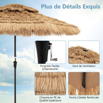   101" Hawaii stílusú mesterséges nádtetős esernyő, 32 LED-es lámpa és középső lámpa, kézi hajtókar 35°-ban dönthető, természetes