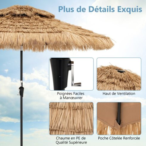 101" Hawaii stílusú mesterséges nádtetős esernyő, 32 LED-es lámpa és középső lámpa, kézi hajtókar 35°-ban dönthető, természetes