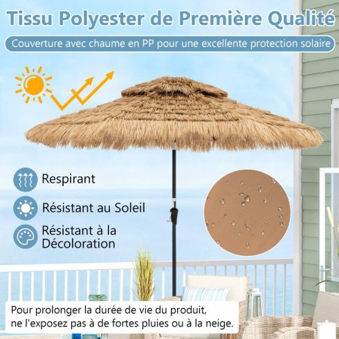101" Hawaii stílusú mesterséges nádtetős esernyő, 32 LED-es lámpa és középső lámpa, kézi hajtókar 35°-ban dönthető, természetes