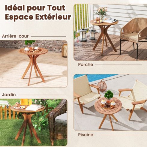 Időjárásálló kerti asztal akácfából, kerek fa asztal, oldalazóasztal, balkon asztal, bistro asztal